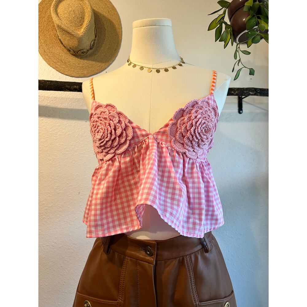 Pitusa Pink Gingham Checkered Crochet Tank Top Size Small USA